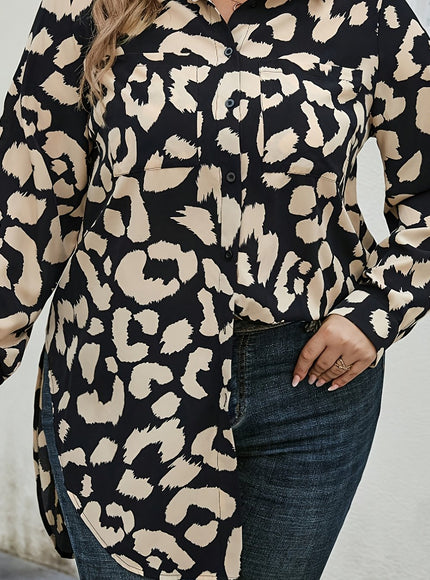 Plus Size, Women's Plus Size Blouse - Long Sleeve Button-up Shirt with Classic Collar, Black & Beige Animal Print for Fall/Spring - Office, Party, Everyday Chic Outfits - Machine Washable Non-See-Through Fabric