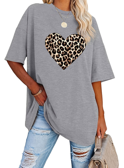 Women's Valentine's Day Leopard Heart Print T-Shirt - Short Sleeve Crew Neck Casual Top, Vibrant Pink, Relaxed Fit, Machine Washable, Plus Size Friendly, All-Season Comfort, Valentine's Day T-shirts, Trendy Casualwear, Durabl