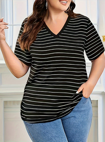 Stylish Plus Size Striped V Neck T-Shirt - Women's Short Sleeve Summer & Spring Top - Breathable, Soft, Versatile, and Comfy Clothing for Curvy Ladies