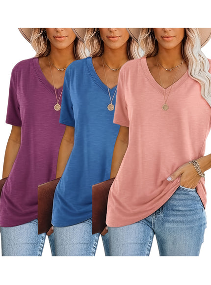 Women'S Plus Size Casual T-Shirt Set - 3pcs, V-Neck, Short Sleeve, Lightweight & Stretchy, All-Season Comfort, Casual Wear|Vneck Tshirt|Lightweight Fabric