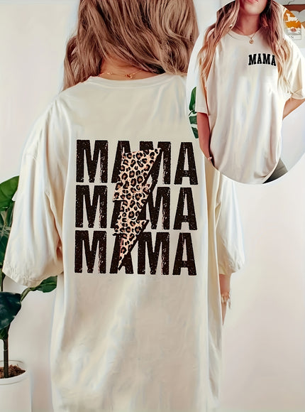 Plus Size - Plus Size Women'S Casual T-Shirt - "MAMA" Graphic Print, Crew Neck, Short Sleeve, Soft Polyester Blend, Black with White Lettering, Comfortable & Stylish for Casual Attire