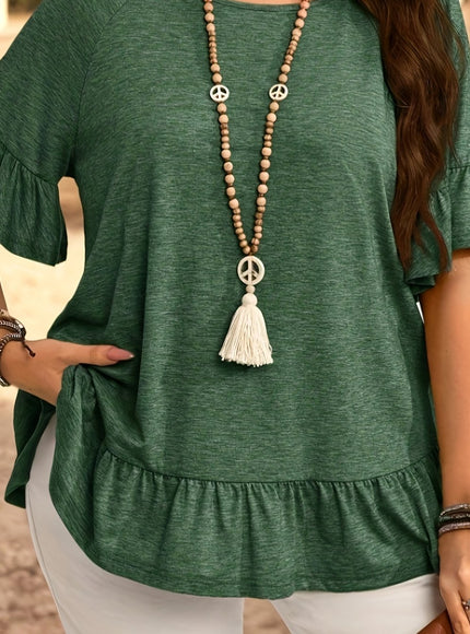 Plus Size, Women's Plus Size Bohemian Chic Short Sleeve T-Shirt - Ruffled Sleeve & Hem, Stretchy Round Neck Casual Top, Solid Blue Spring/Summer Machine Washable Elegant Resort Style Tee