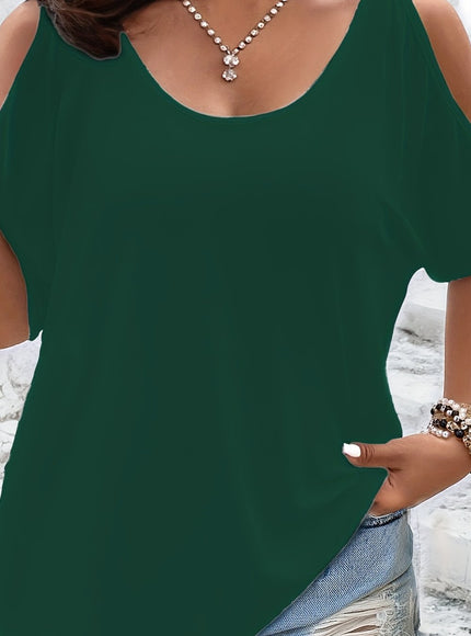 Plus Size Solid Cold Shoulder Women's Casual Crew Neck Short Sleeve T-Shirt