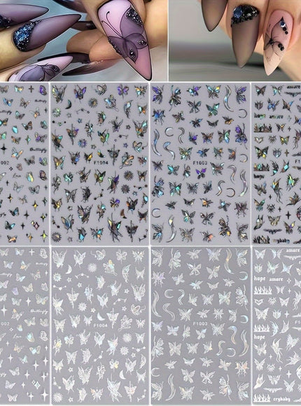 KissICON 8 Sheets Butterfly Nail Art 3D Self Adhesive Holographic Glitter