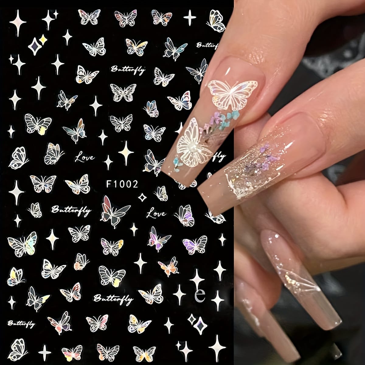 KissICON 8 Sheets Butterfly Nail Art 3D Self Adhesive Holographic Glitter