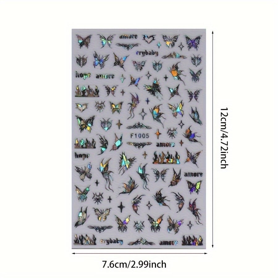 KissICON 8 Sheets Butterfly Nail Art 3D Self Adhesive Holographic Glitter