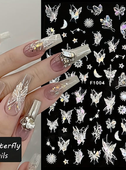 KissICON 8 Sheets Butterfly Nail Art 3D Self Adhesive Holographic Glitter