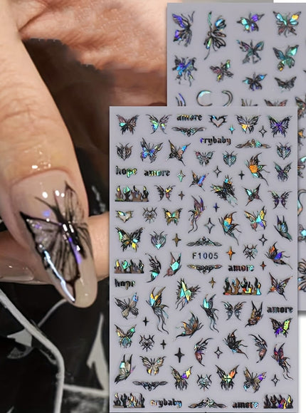 KissICON 8 Sheets Butterfly Nail Art 3D Self Adhesive Holographic Glitter