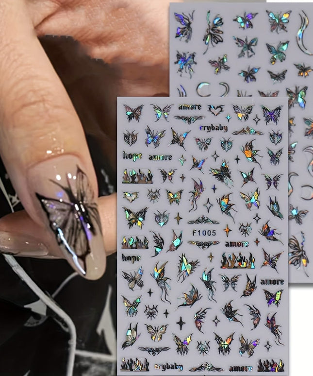 KissICON 8 Sheets Butterfly Nail Art 3D Self Adhesive Holographic Glitter