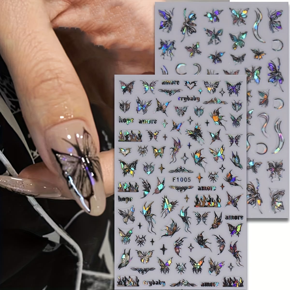 KissICON 8 Sheets Butterfly Nail Art 3D Self Adhesive Holographic Glitter