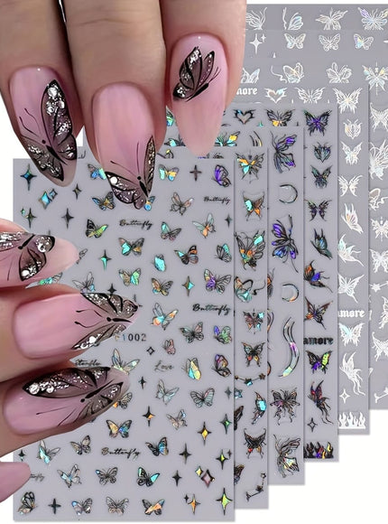 KissICON 8 Sheets Butterfly Nail Art 3D Self Adhesive Holographic Glitter