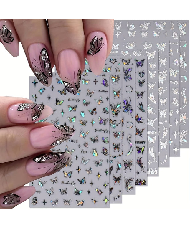 KissICON 8 Sheets Butterfly Nail Art 3D Self Adhesive Holographic Glitter