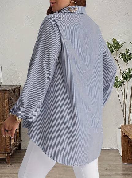 Plus Size, Women's Plus Size Oversized White & Green Horizontal Striped Button- Shirt Jacket-like Blouse - Short Sleeve-like Collar, Wrinkle-Resistant (Machine Washable) H-Line Fit for Year-Round Casual & Dressy Wear (No)