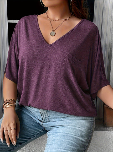 Plus Size, Plus Size Women's 2pcs Set Deep V Neck Solid Color Pocket Patch T-Shirt