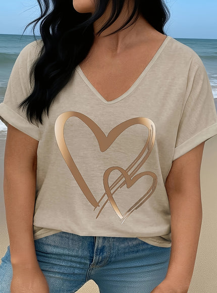 Plus Size - Women'S Plus Size V-Neck T-Shirt with Heart Print & "LOVE" Design - Casual Short Sleeve, Lightweight Polyester, Spring/Summer/Fall Wear, Everyday Tshirt | Heart Motif Top | Stretchy Fabric
