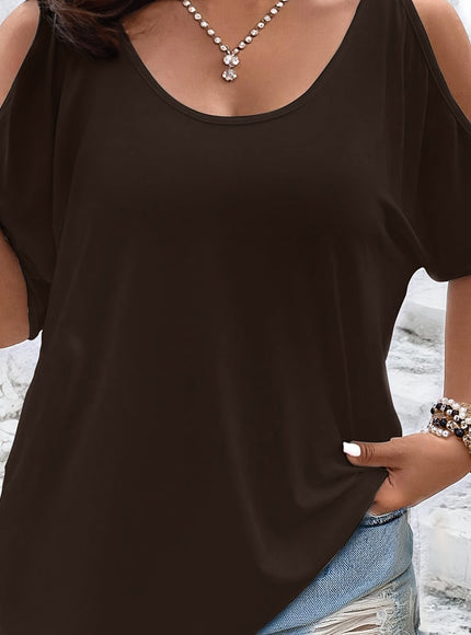 Plus Size Solid Cold Shoulder Women's Casual Crew Neck Short Sleeve T-Shirt