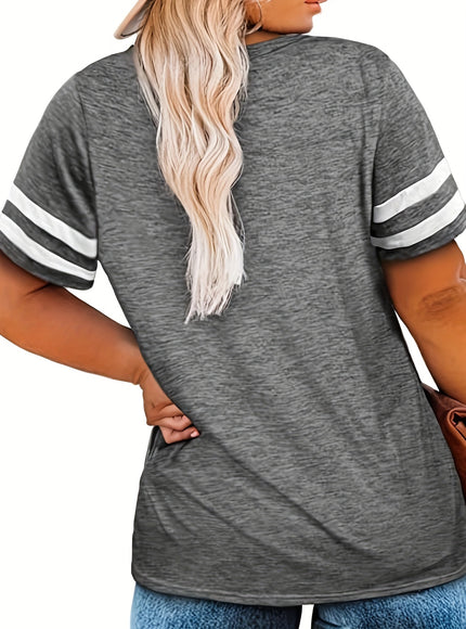 Plus Size Women's V-Neck Short Sleeve T-Shirt - Lightweight Stretchy Summer Tee with Random Print, Loose Casual Fit, Machine Washable, Sizes XL-5XL for Everyday & Office Wear, Versatile Clothing, Striped Print Shirt, Soft Fab