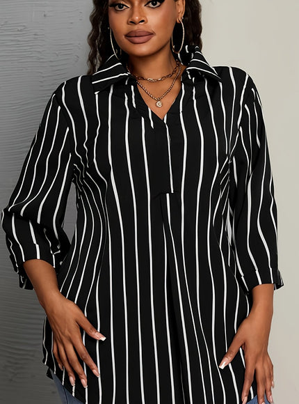 Elegant V-Neck Non-Stretch Woven Striped Shirt, Big Size, for Spring/Fall