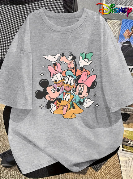 Disney Official Women's Summer New Arrival Oversized Fashionable Mickey Mouse & Friends Cartoon Print Casual Round Neck T-Shirt, Machine Washable Loose Fit Fun Design Comfort Fabric for Home and Outing Wear