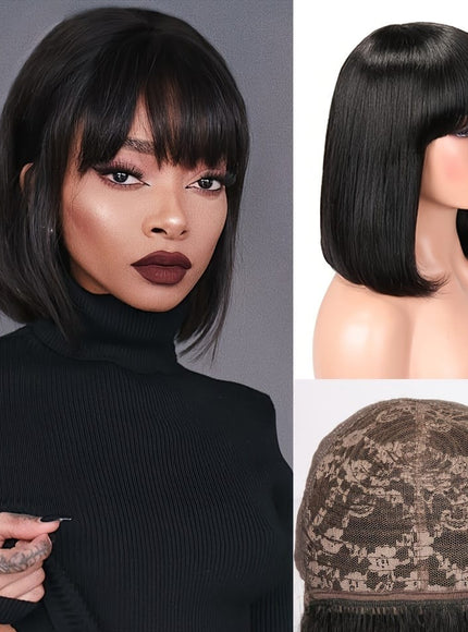 Kissicon Human Hair Bob Wig Bangs