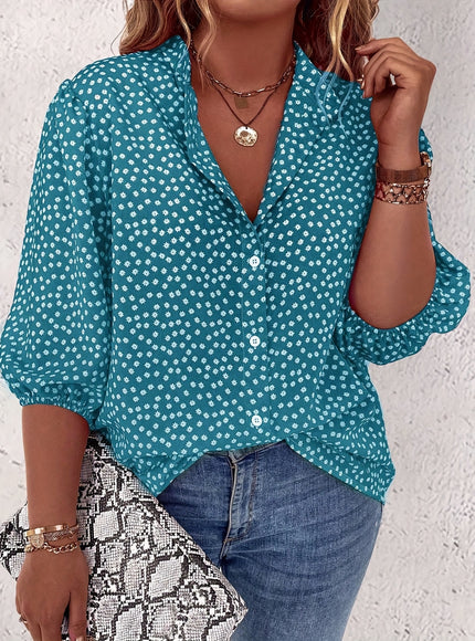 Plus Size Women's Casual Shirt - Floral Print Front Button-Up Blouse with Puff Sleeves, Stand-Up Collar & Lightweight Breathable Fabric for Summer, Machine Washable H-Line Silhouette (Elegant Collection), Relaxed Fit Clothing