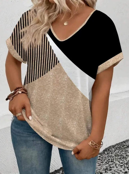 Plus Size, Women's Plus Size T-Shirt - Black/Beige/Striped Graphic Tee - Loose Fit V-Neck Top - Machine Washable Everyday Casual Shirt for Women, Allseason Apparel, Medium Stretch Fabric