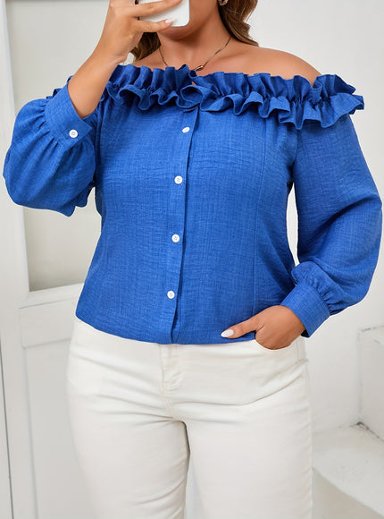 Elegant Women's Off-Shoulder Ruffle Trim Blouse - Long Sleeve, Button Front, Non-Stretch Polyester in Vibrant Blue, Machine Washable