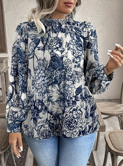 Plus Size, Women's Elegant Blouse - Long Sleeve Button-front top, Navy & White Floral pattern, Non-Stretchy Fabric for Formal & Casual Outfits - All-Season Women's Clothing