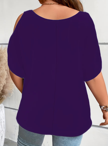 Plus Size Solid Cold Shoulder Women's Casual Crew Neck Short Sleeve T-Shirt