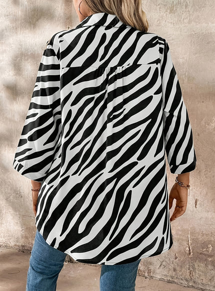Plus Size - Plus Size, Women'S Plus Size Elegant Blouse - Long Sleeve Button-Front Shirt in Black & White Zebra Stripe, Loose Fit Non-See-Through Office & Everyday Blouse for Women, All-Season Professional Casual Outfits, Ver