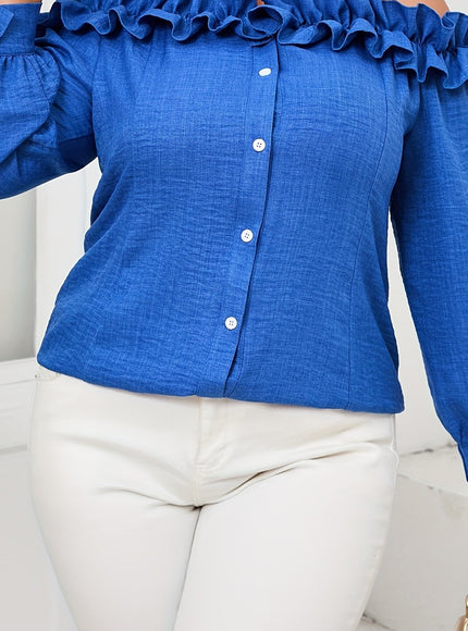 Elegant Women's Off-Shoulder Ruffle Trim Blouse - Long Sleeve, Button Front, Non-Stretch Polyester in Vibrant Blue, Machine Washable