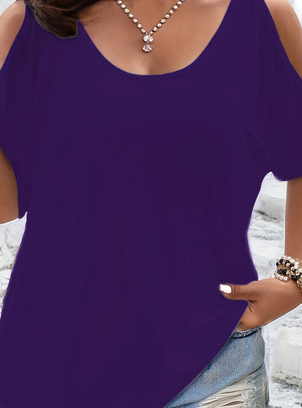 Plus Size Solid Cold Shoulder Women's Casual Crew Neck Short Sleeve T-Shirt