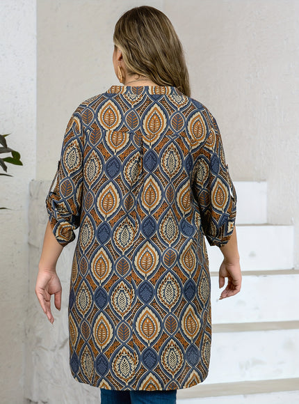 Plus Size - Women'S Plus Size Tropical Print V-Neck Blouse - Elegant Loose Fit Long Shirt with Adjustable Three-Quarter Sleeves, Half Placket & Button Front, Comfortable Casual Top for Casual Attire, Casual Attire Blouse | Vn