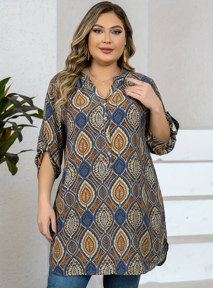 Plus Size - Women'S Plus Size Tropical Print V-Neck Blouse - Elegant Loose Fit Long Shirt with Adjustable Three-Quarter Sleeves, Half Placket & Button Front, Comfortable Casual Top for Casual Attire, Casual Attire Blouse | Vn