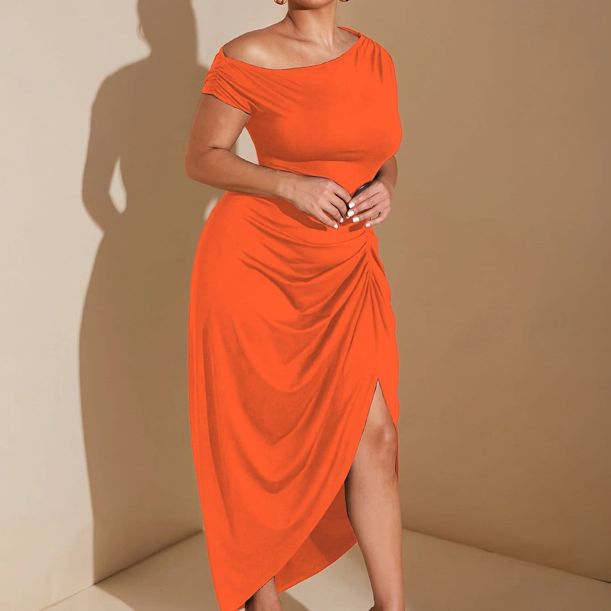 jkthpu-45 Tangerine Red Color / UK 16 Plus Size Women's Elegant Bodycon Maxi Dress – Formal Party & Evening Gown | KissICON