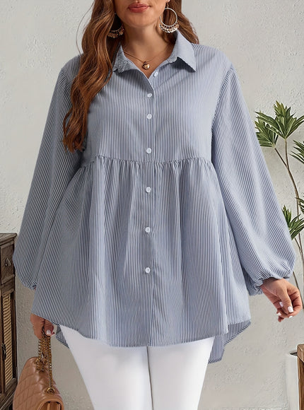 Plus Size, Women's Plus Size Oversized White & Green Horizontal Striped Button- Shirt Jacket-like Blouse - Short Sleeve-like Collar, Wrinkle-Resistant (Machine Washable) H-Line Fit for Year-Round Casual & Dressy Wear (No)