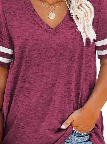 Plus Size Women's V-Neck Short Sleeve T-Shirt - Lightweight Stretchy Summer Tee with Random Print, Loose Casual Fit, Machine Washable, Sizes XL-5XL for Everyday & Office Wear, Versatile Clothing, Striped Print Shirt, Soft Fab