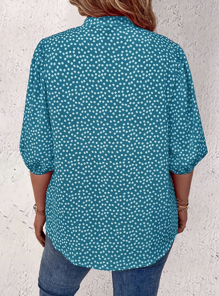 Plus Size Women's Casual Shirt - Floral Print Front Button-Up Blouse with Puff Sleeves, Stand-Up Collar & Lightweight Breathable Fabric for Summer, Machine Washable H-Line Silhouette (Elegant Collection), Relaxed Fit Clothing