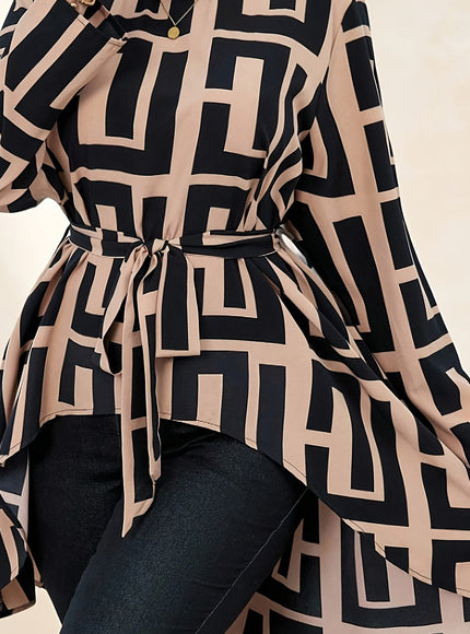 Plus Size, Women's Plus Size Elegant Asymmetrical Hem Blouse - Long Sleeve Round Neck Smock Top with Tie-Front Closure, All-Season Casual to Formal Wear, Beige & Black Abstract Print, Machine Washable (Brown/Beige/Black) - La