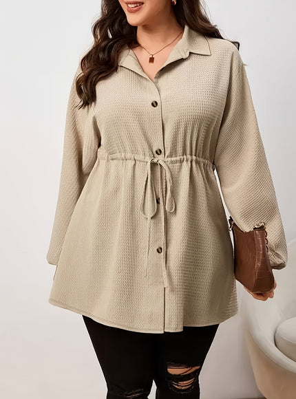 Plus Size - Plus Size, Women'S Elegant Long Sleeve Blouse - Button-Front Shirt with Drawstring Waist, Non-See-Through Fabric for Fall/Winter, Office, Party, Everyday Outfits - Women'S Formal & Casual Tops, Winter Wardrobe, Cl