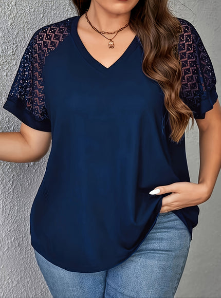 Purple Short Sleeve Elegant V-Neck Women's Plus Size T-Shirt - Contrast Lace Detail, Polyester Knit Fabric, 180gsm - Casual Top for Spring/Summer with Black Text "HANDMADE
