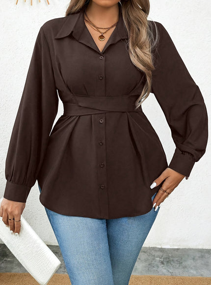 Women'S Elegant Solid Color Shirt with Belt, Polyester 100% Long Sleeve Raglan Sleeve, All-Season H-Fit with Lapel Collar, Button Placket, Regular Length - Woven Fabric 113 gsm