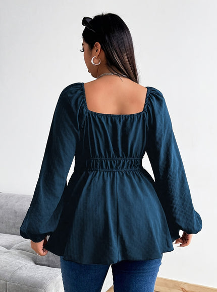 Plus Size - Plus Size - Plus Size - Women'S Plus Size Navy Blue Blouse with Front Drawstring & Ruffled Sleeves - Casual Keyhole Neckline, Long Sleeve, Non-Stretch Fabric, Perfect for Casual Attire, Casual Wear Blouse | Ruffle