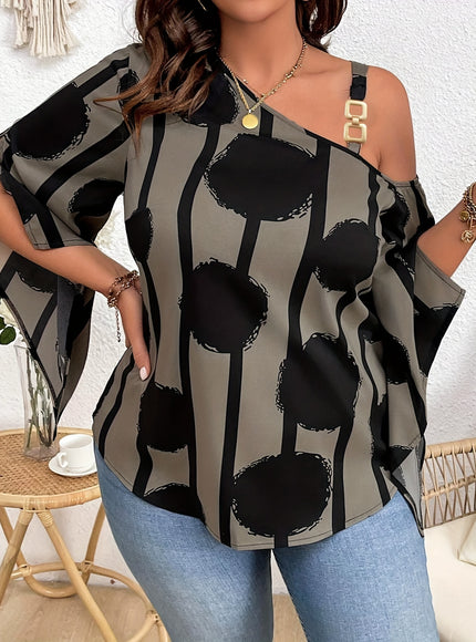 Plus Size 3/4 Sleeve Elegant Cold Shoulder Chain Graphic Print Blouse for Spring & Fall, Women's Clothing