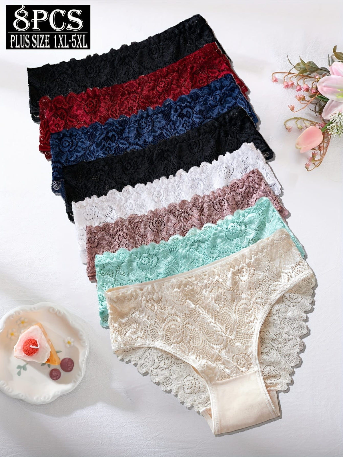 KissICON 8pc Floral Lace Curve Briefs – Soft Elegant Underwear