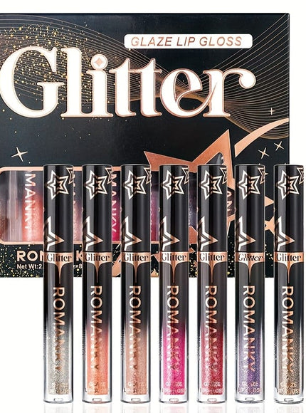 KissICON 8pcs/SET Stackable Glitter Lip Gloss Set – Longlasting Shine Lips