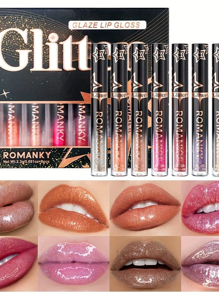KissICON 8pcs/SET Stackable Glitter Lip Gloss Set – Longlasting Shine Lips