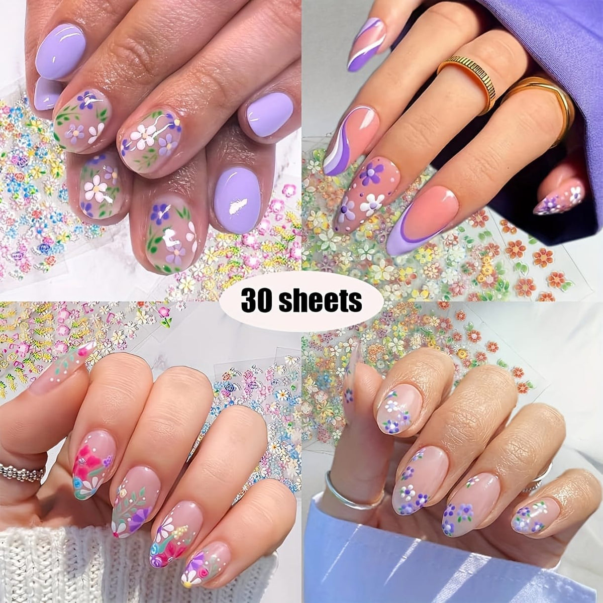 KissICON 90 Sheets KissIcon Floral Nail Stickers 4500Pcs - Self-Adhesive Glossy