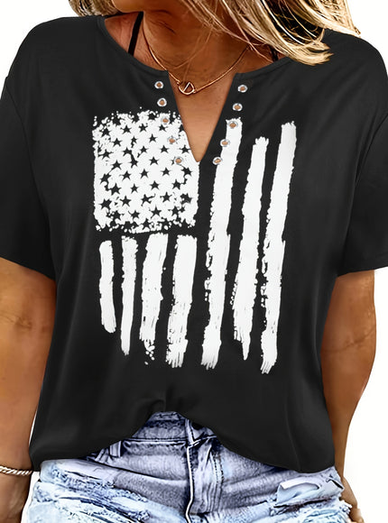 Plus Size Casual T-shirt, Women's Plus Flag Print Grommet Short Sleeve Notched Neck Medium Stretch T-shirt