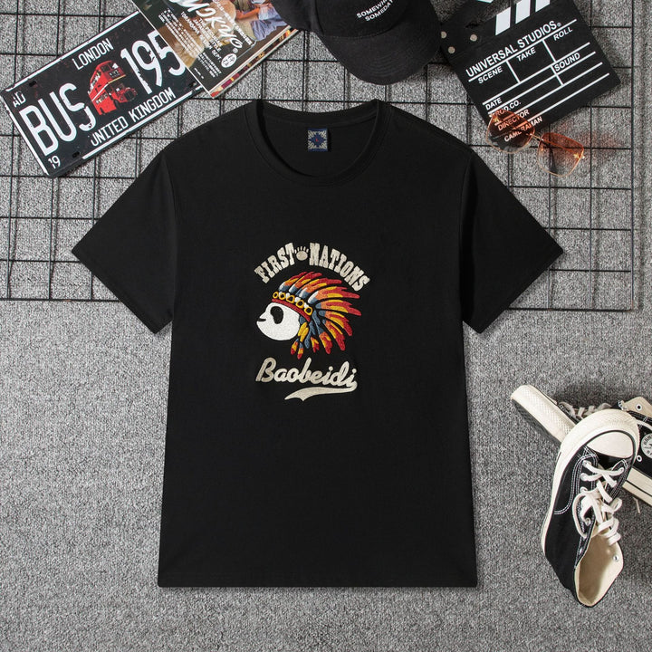 Embroidered Short-Sleeved T-Shirt for Young and Middle-Aged Men, Cotton Loose Trendy Brand Round-Neck Casual Men's Clothing, In-Stock Loose Fit